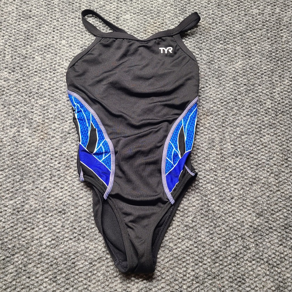 TYR Girls One Piece Swimsuit Black Blue Geometric Performance Swimwear